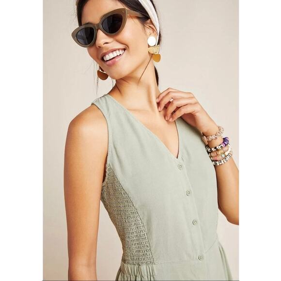 Cloth and Stone Anthropologie Sage Green Midi Dress 1X Boho Lagenlook Minimalist - Picture 2 of 7